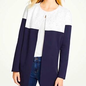 NWT, Ann Tylor Navy and beige long Colorblock Cardigan sweater size Large